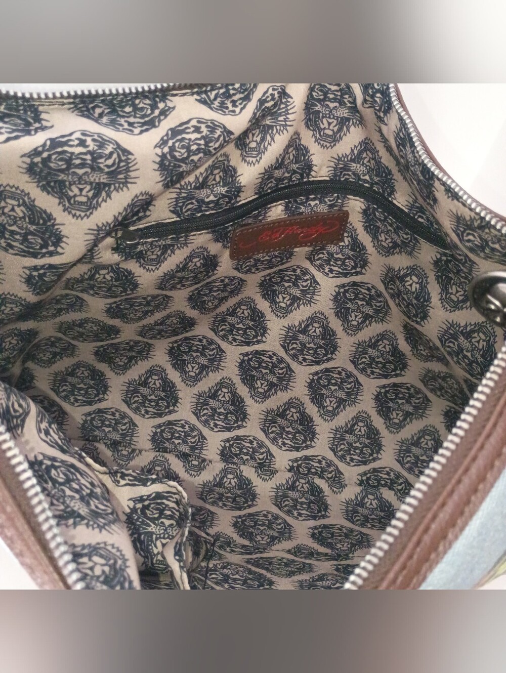 Ed Hardy Embellished Denim/Brown Vegan Leather Shoulder Hobo Bag w/Rhinestone - Picture 9 of 11